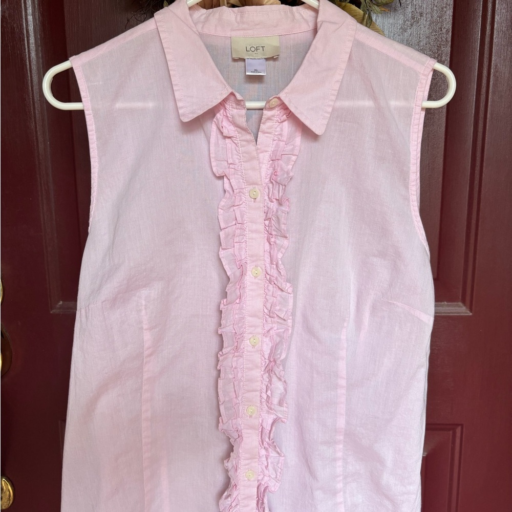 LOFT Light Pink Ruffled Button-Up Blouse